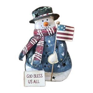 Metal/Tin Snowman Candle Holder Votive Lantern Christmas Patriotic w/ Flag 10"